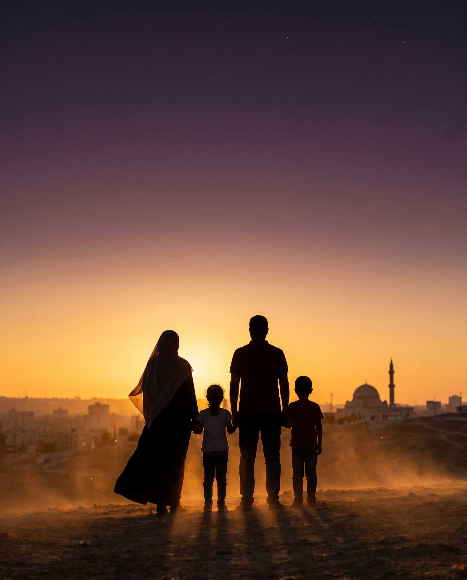 A Muslim family in silhouette from behind, watching a sunset with a mosque on the horizon.