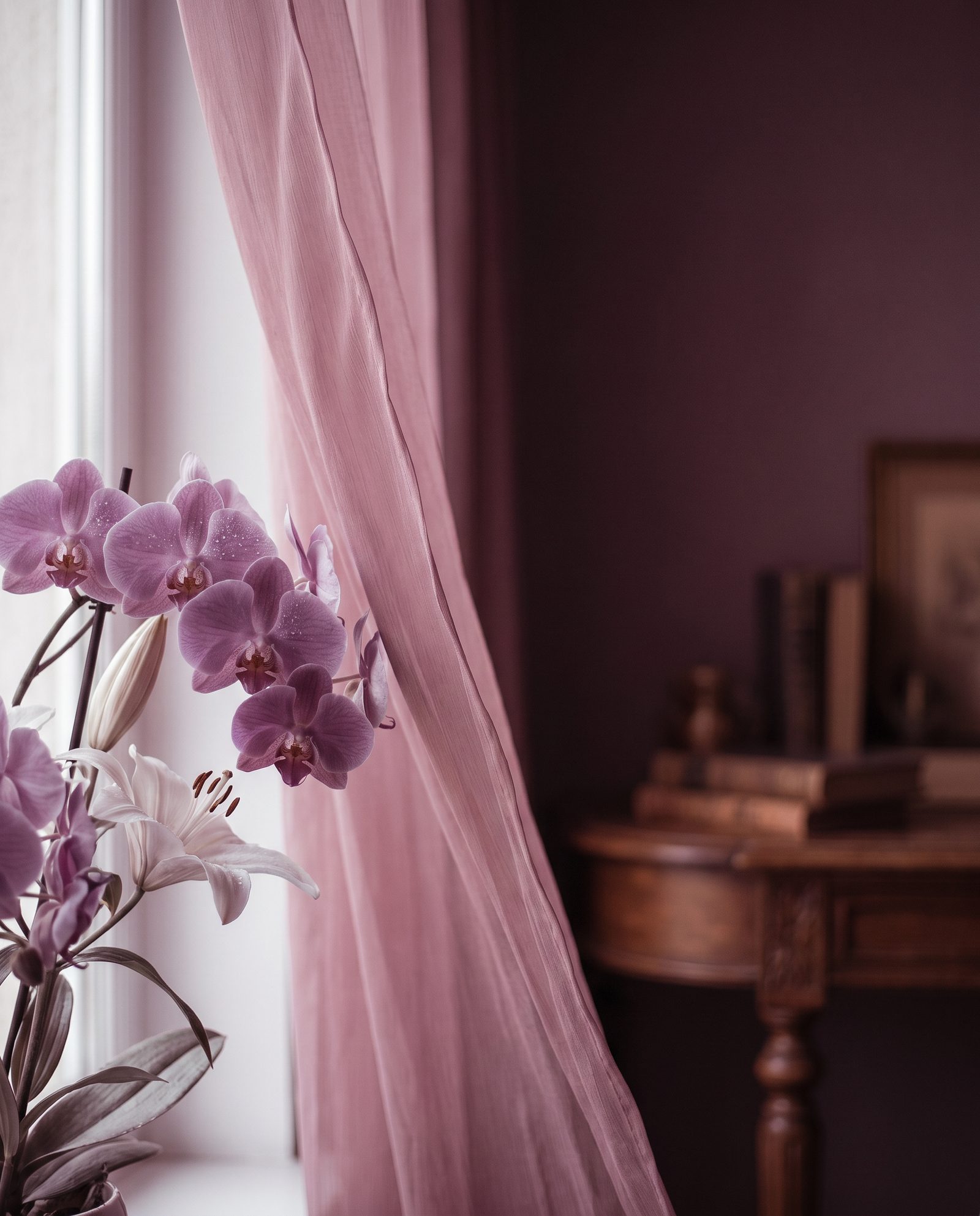 Soft pink orchids and a white lily with a chiffon drape in warm window light.